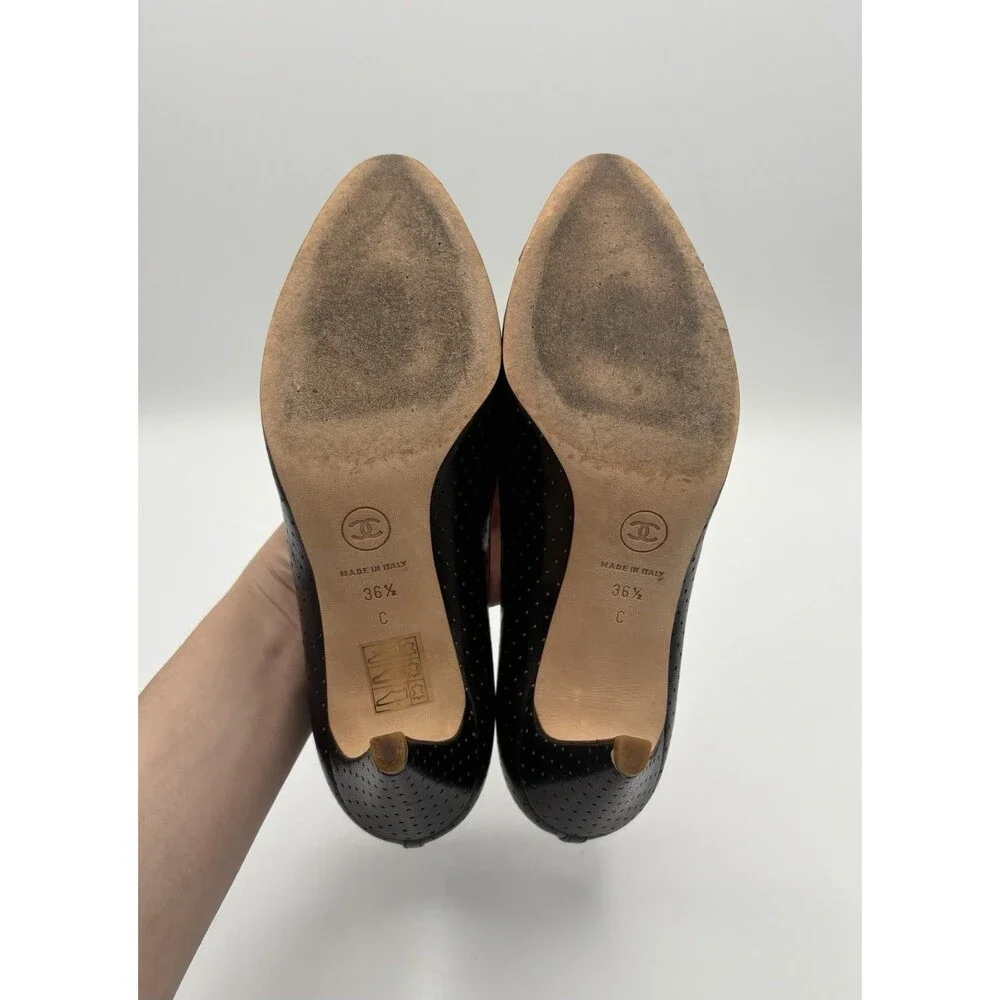 Chanel Black Perforated Leather Heels w/ CC Cap Toe & Bow Accent Size EU 36.5